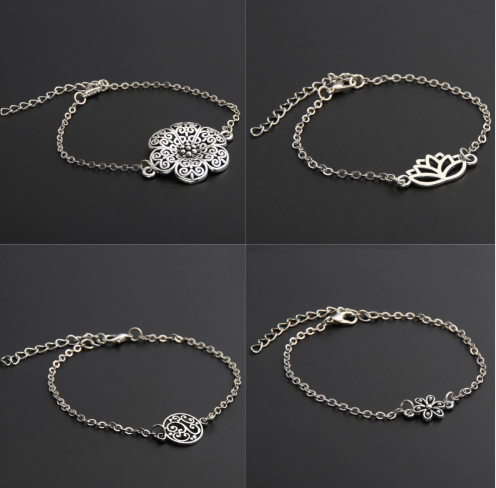 Silver Lotus Flower Charms Lily Chain Link Bracelet For Women Jewelry Summer