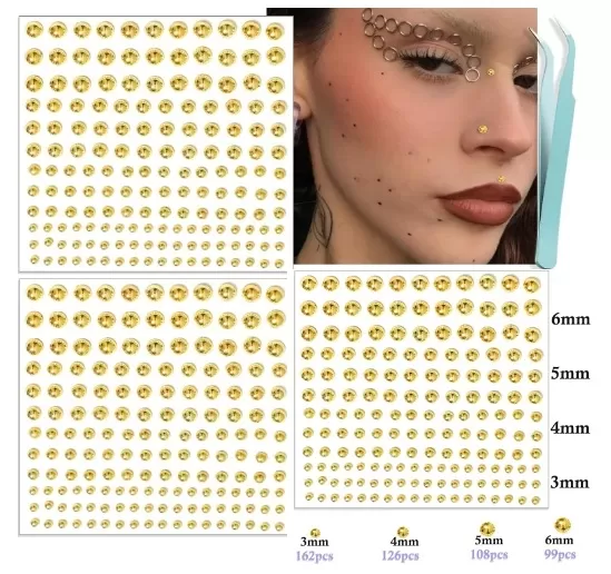 495 pcs Face Gems Lips Stick On Fake Nose Studs - 3 Sheets