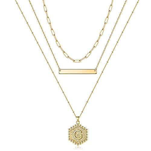 Turandoss Gold Layered Initial Necklaces for Women, Handmade 14K Gold Plated Cute Bar Necklace Bead Chain Layering Hexagon Letter Initial E Necklace Gold Layered Necklaces for Women Jewelry Gifts (G)